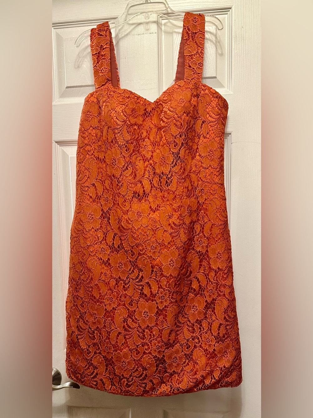 Orange Lace Midi Dress - Strap Sweetheart Neckline